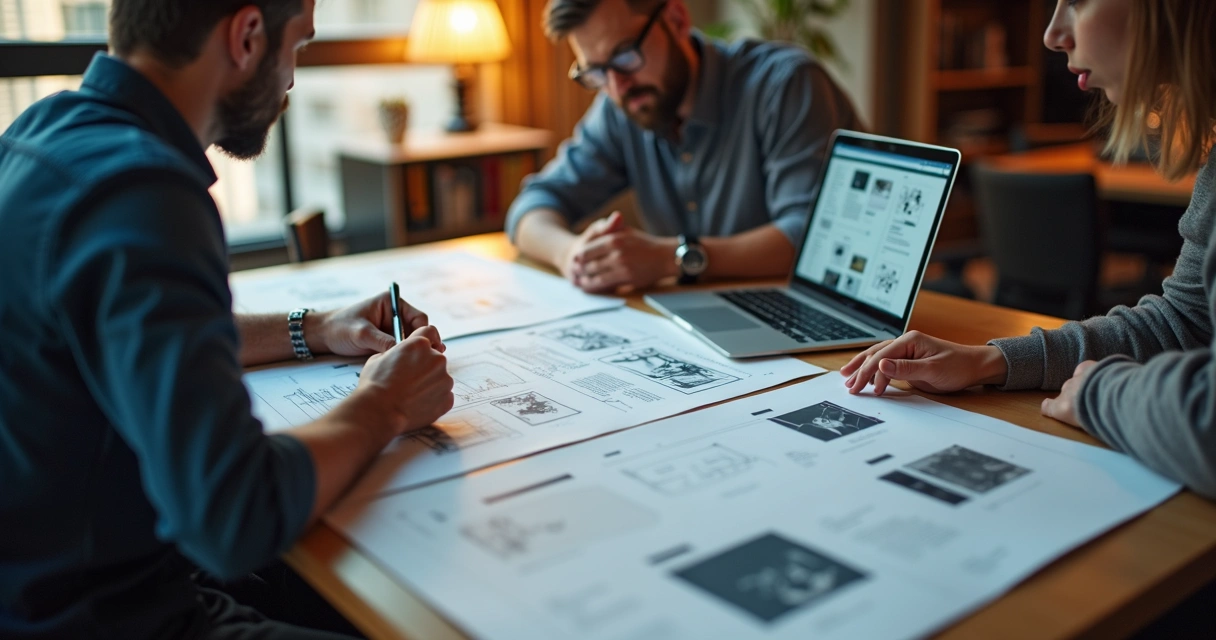 Developer and client planning web project together with sketches and a laptop 