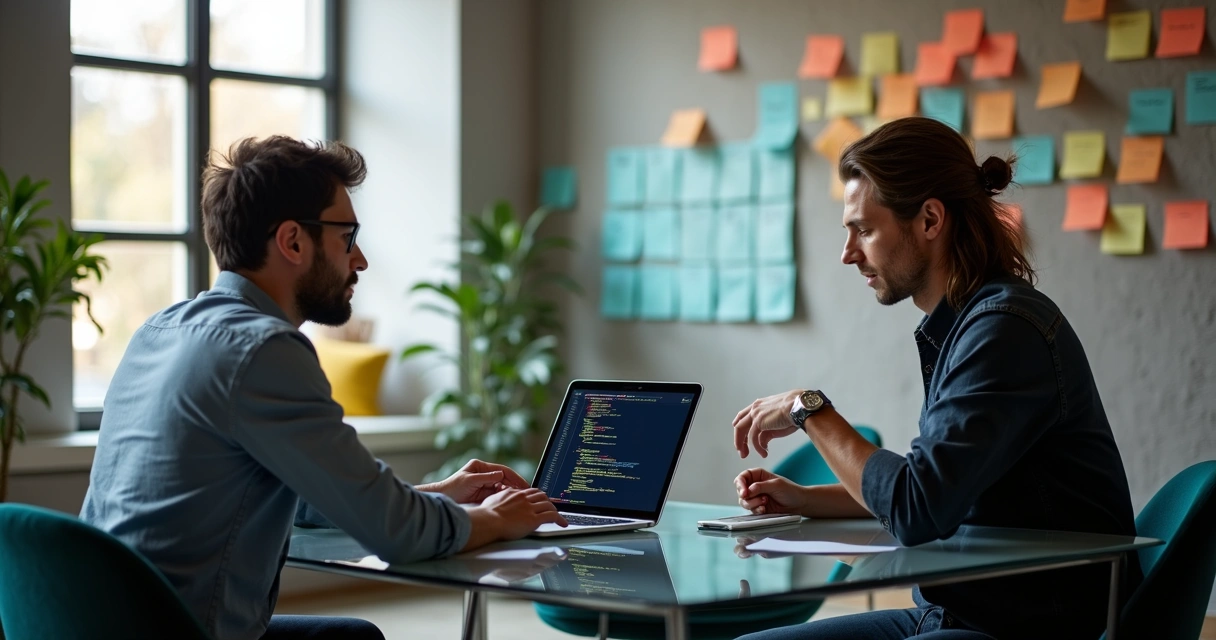 Developer discussing project requirements with client in modern office. 