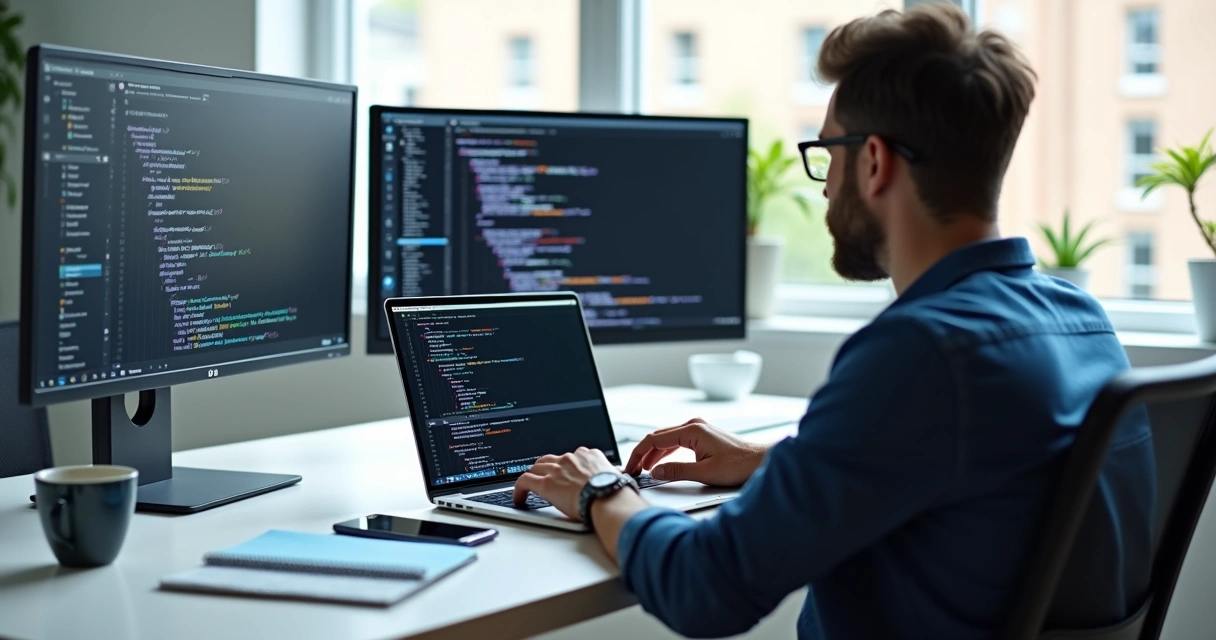 Developer coding cross-platform mobile app with laptop showing iOS and Android icons on screen 