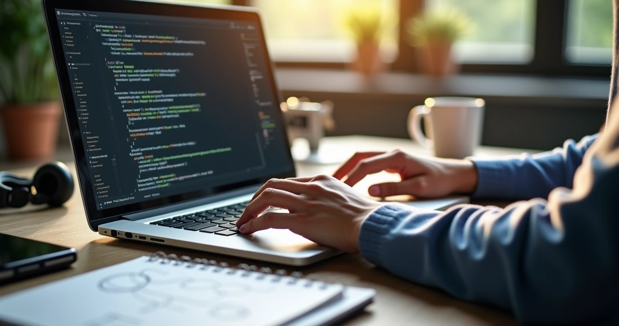 Software developer coding MVP on laptop 