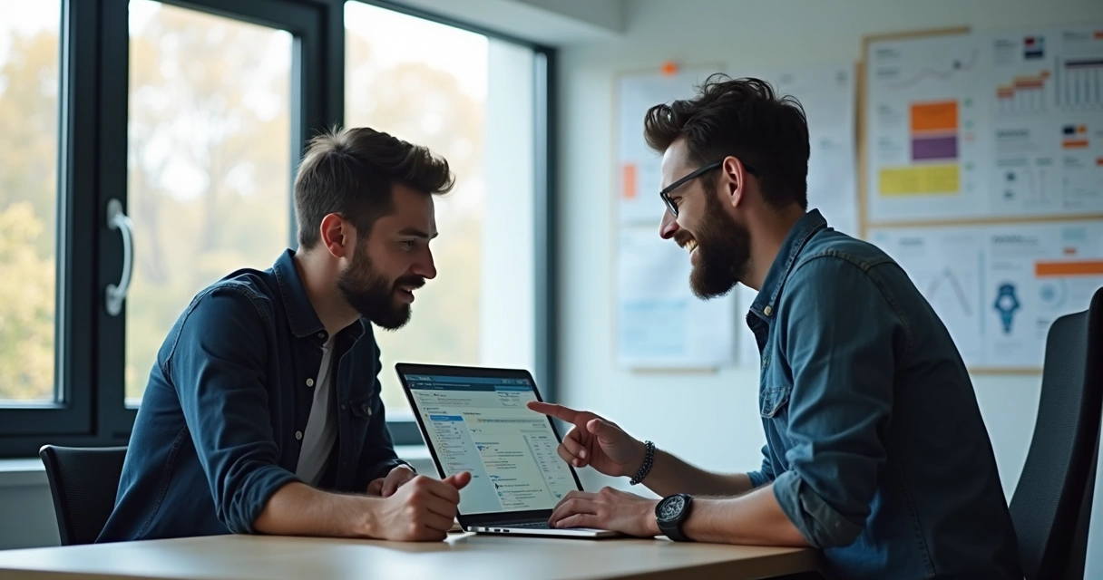 Two software developers collaborating on laptops at a modern office table, with a large window and project planning charts in the background. 