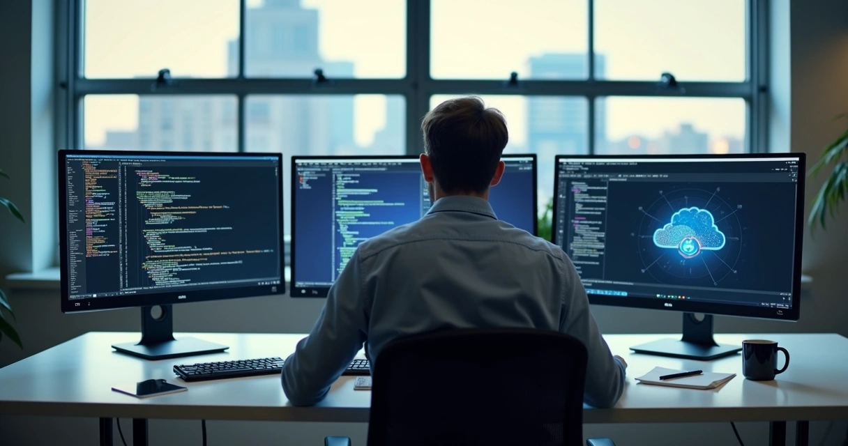 Multiple screen developer desk with code and cloud architecture diagrams 