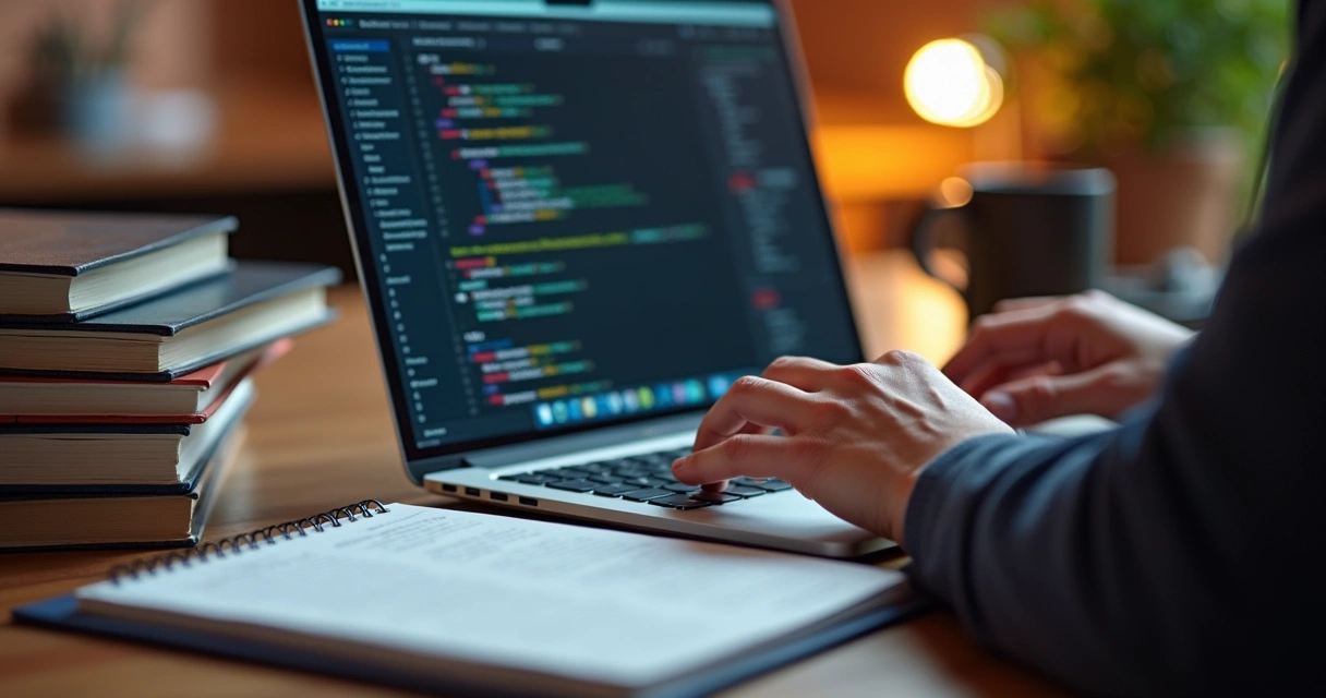 Developer watching coding courses on laptop beside notebook and books