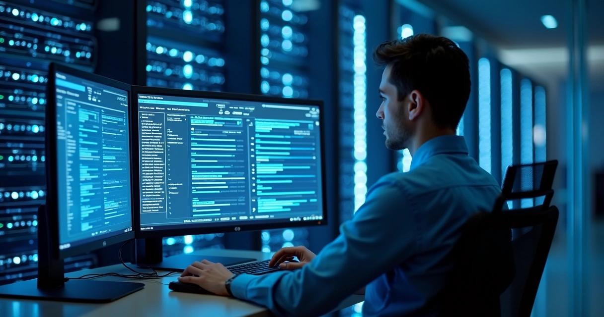 Developer performing automated patching in a server room 