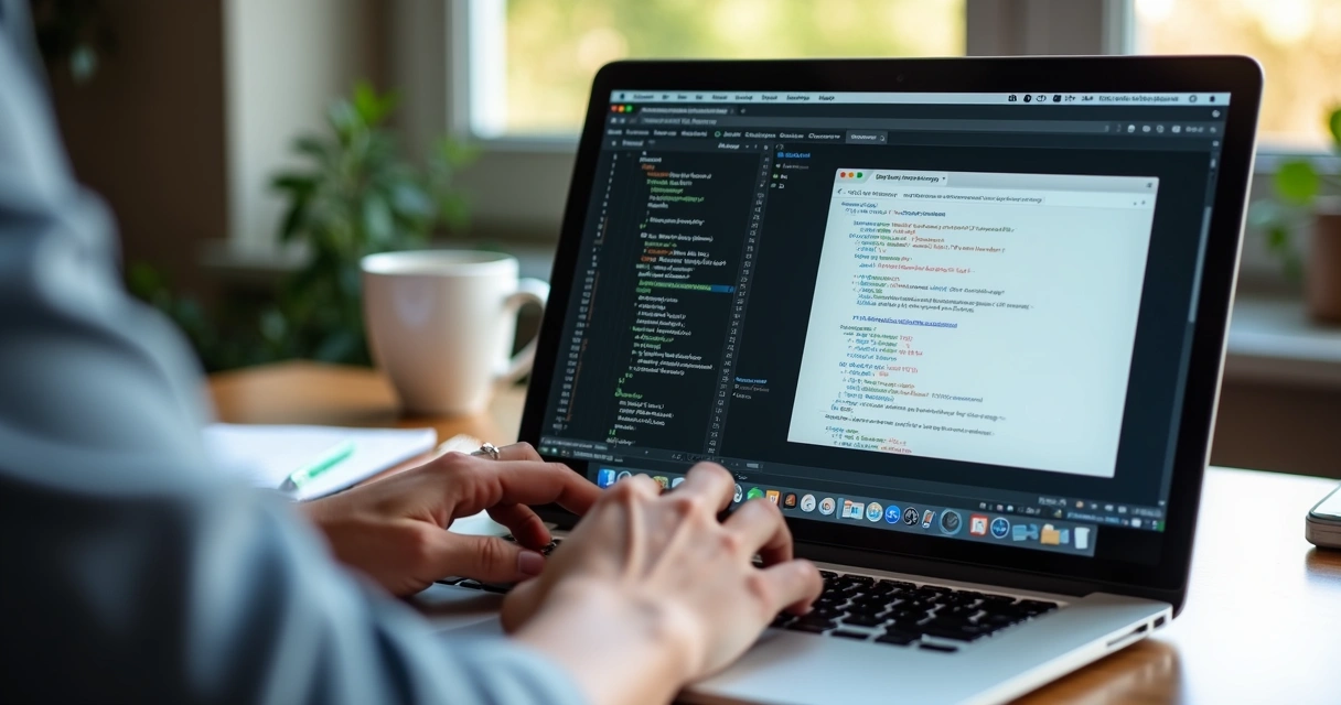 Person reviewing developer portfolio and code samples on laptop