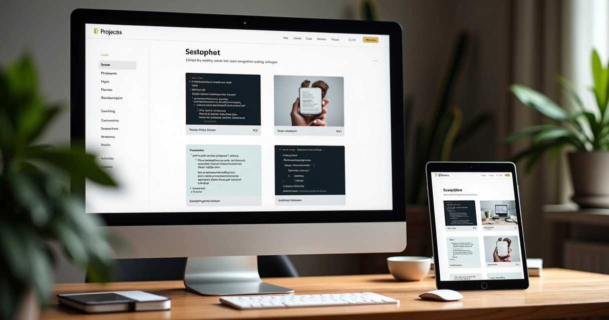 Developer portfolio collage with project thumbnails and code samples