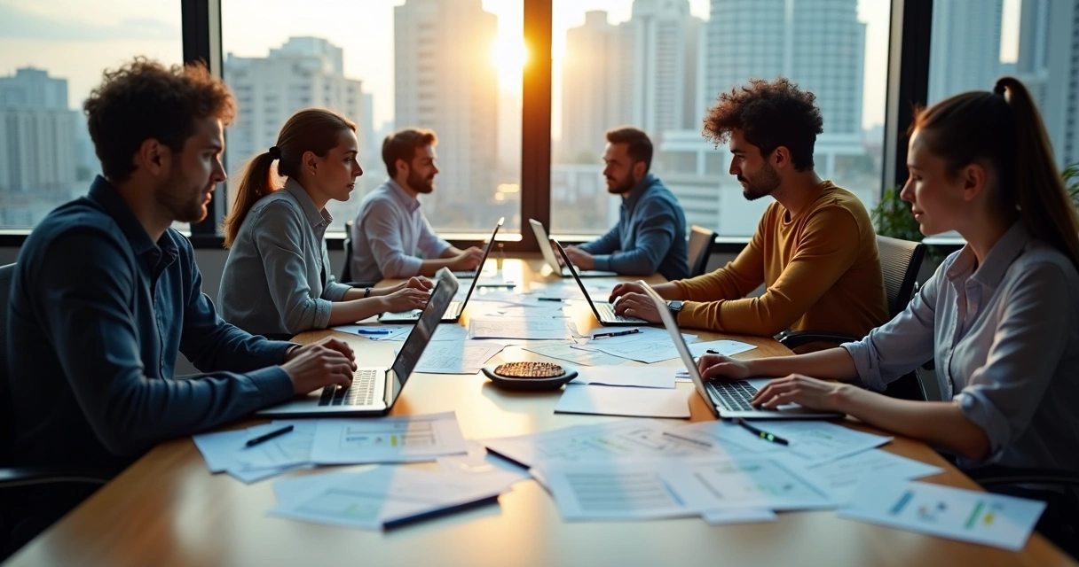 Developers discussing project around table 