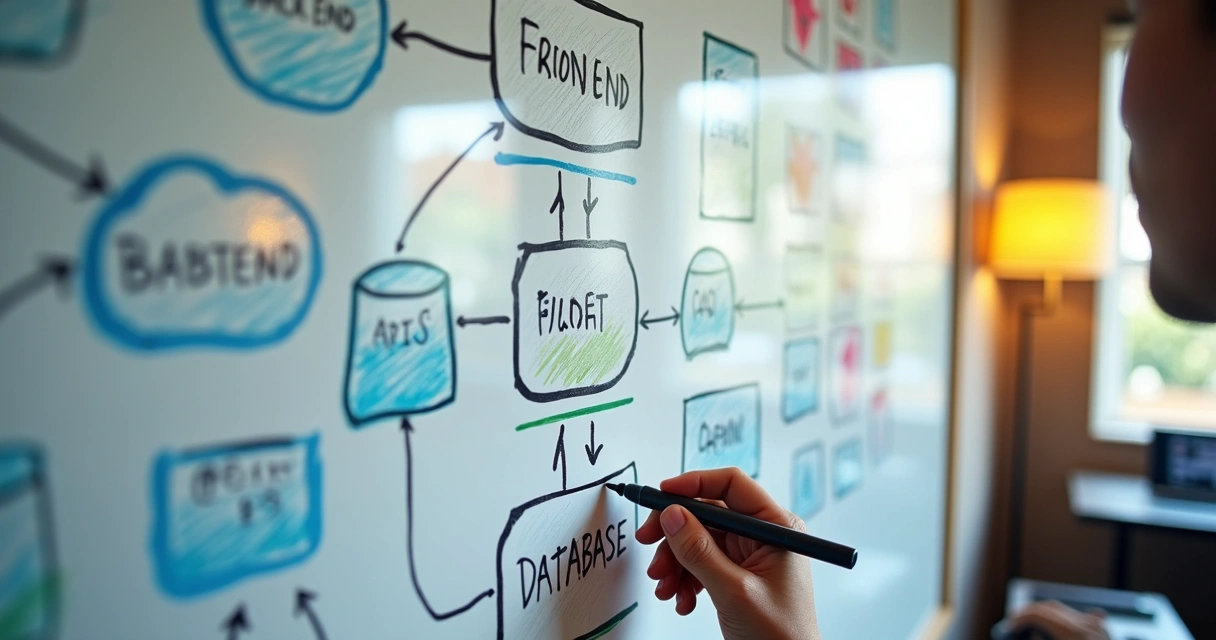 Hand-drawn diagram of web stack layers on a whiteboard