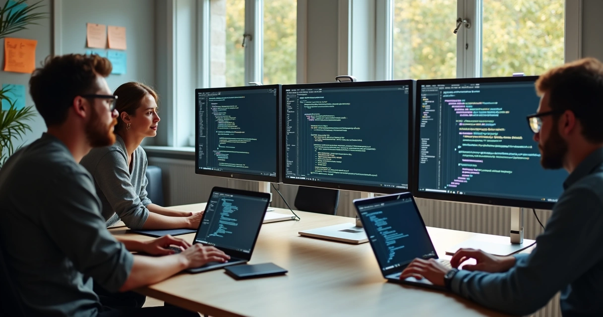 Software developers reviewing code on laptop together 