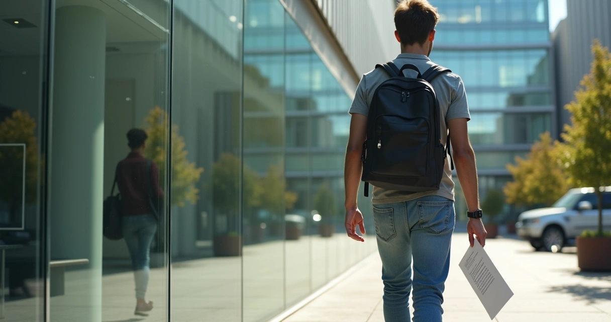 Developer walking out of office with a backpack and resignation letter 