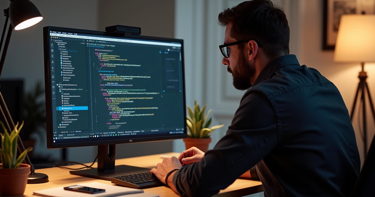 Developer coding with framework open on monitor 