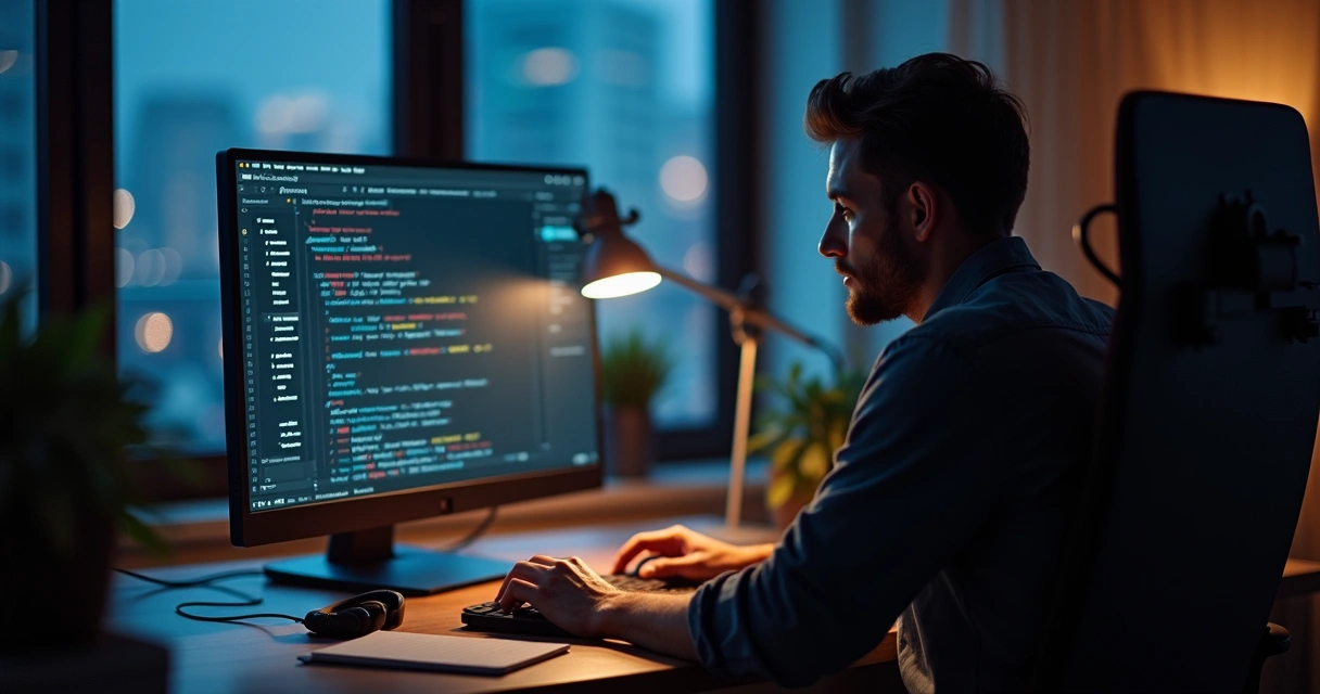 Freelance developer working at night with code editor on the screen 