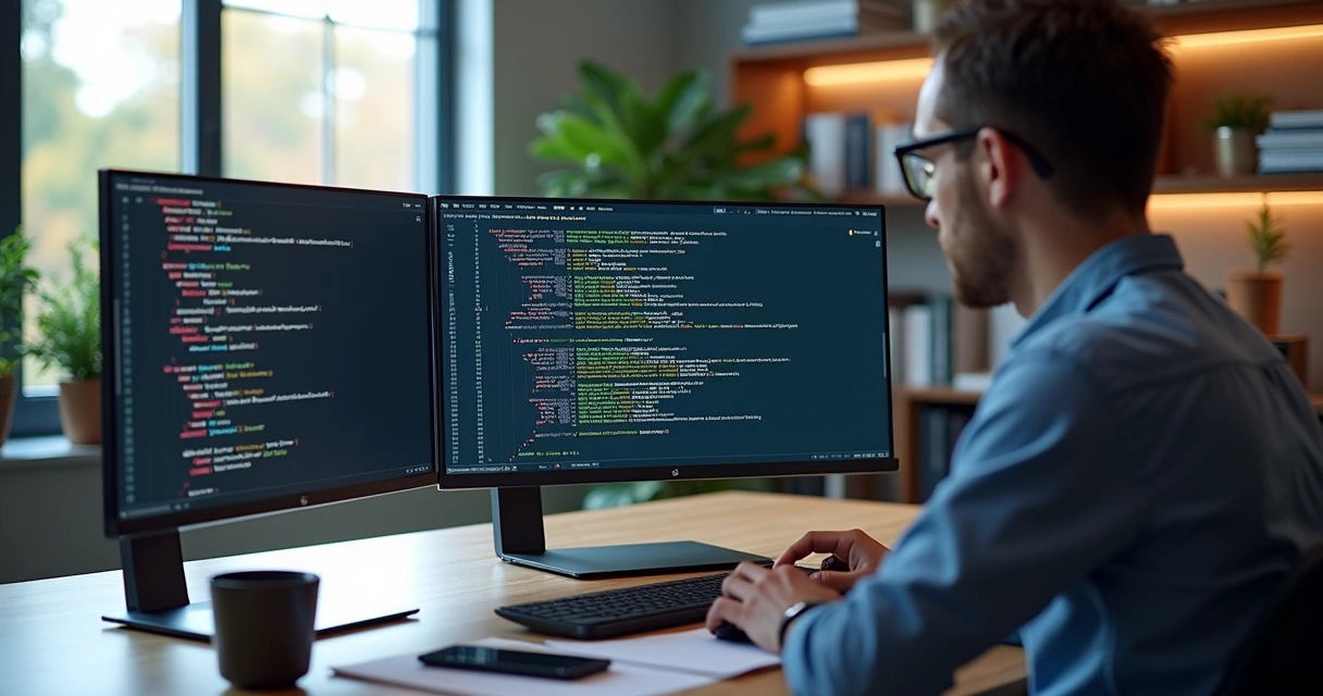 Developer working on securing .env variables and API keys on dual monitors in a modern office