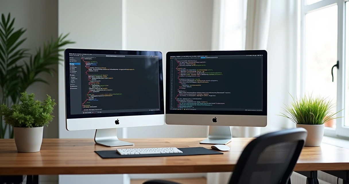 Modern workspace setup with dual monitors showing Laravel code 