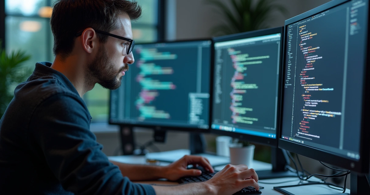Software developer building MVP with code on screen 
