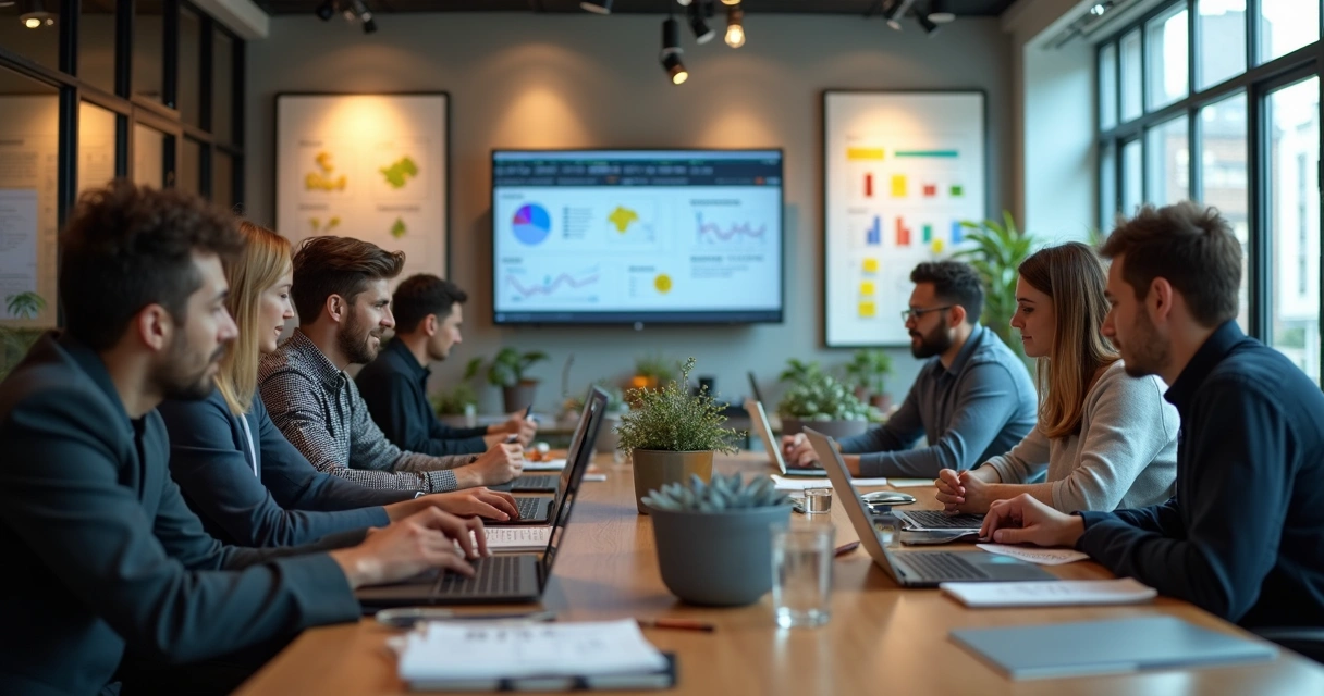 Developers collaborating in open office with laptops