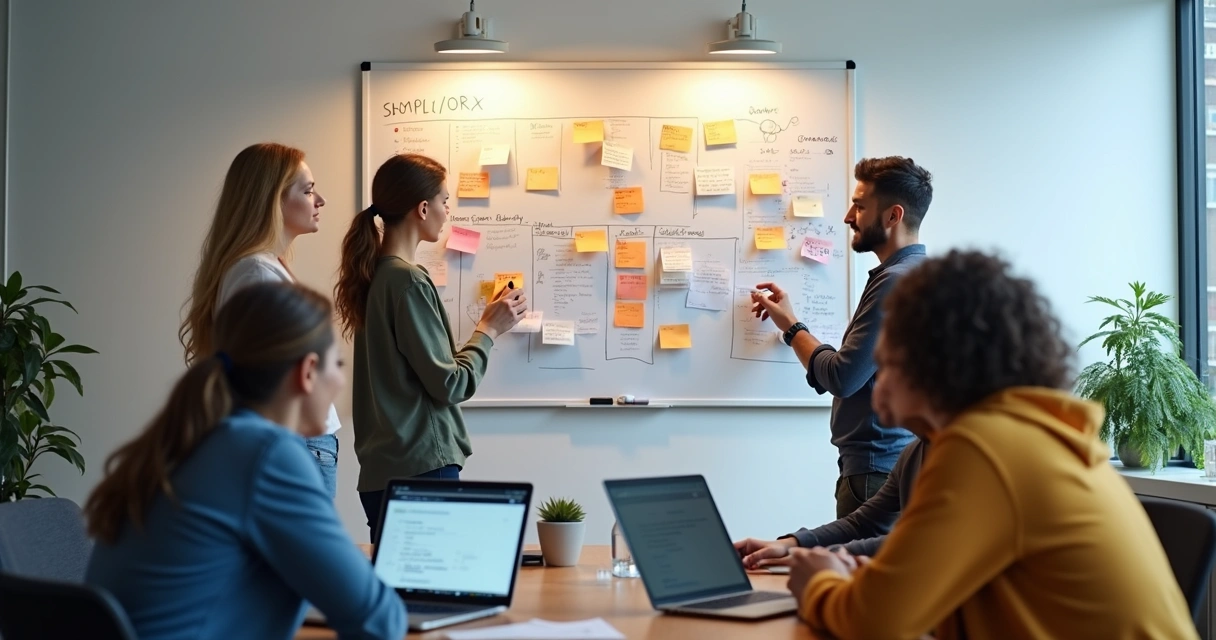 Equipe de desenvolvimento de software reunida em frente a quadro branco discutindo OKRs