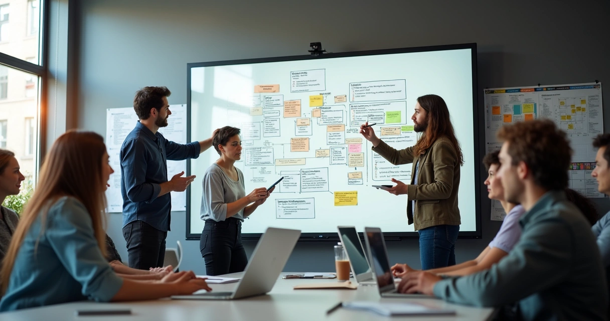 Developers at a whiteboard discussing project ideas