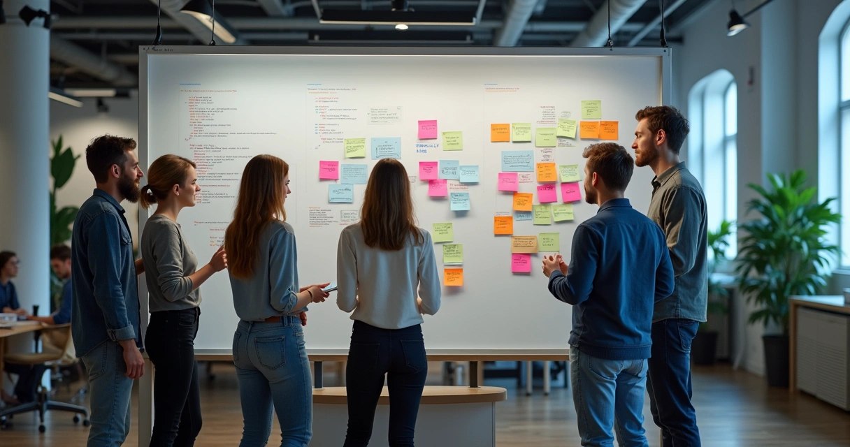 Software development team collaborating during agile sprint 