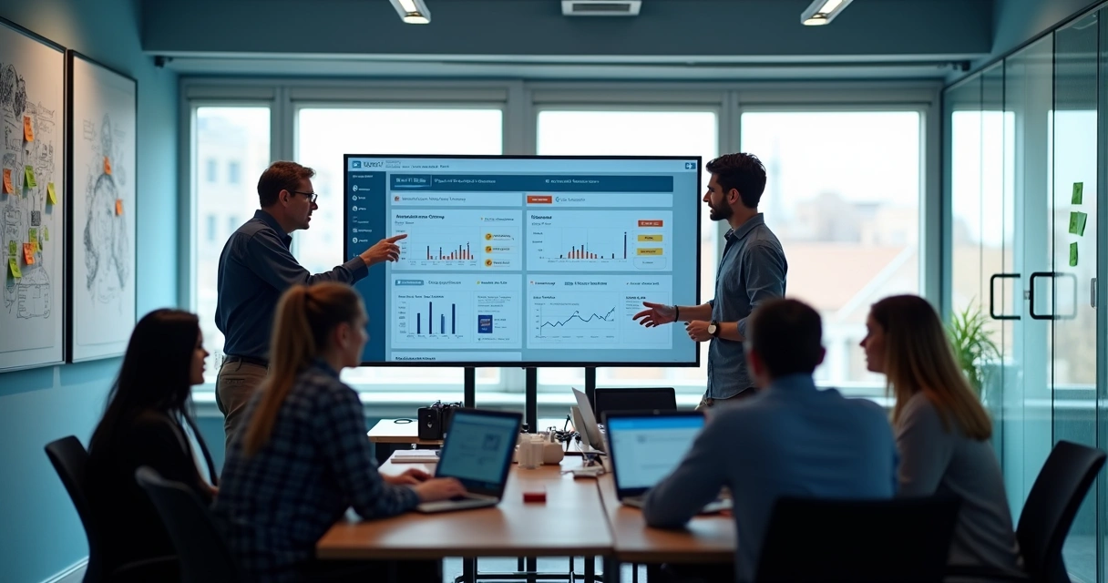 Team of developers working with feature flags dashboard on screens
