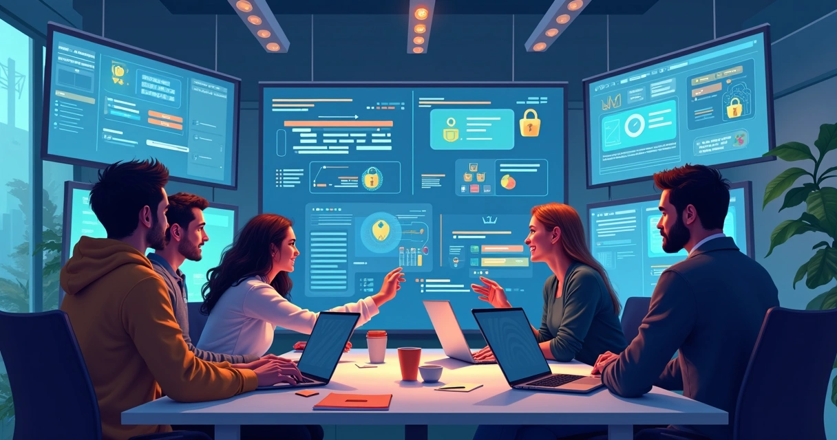 Equipe de desenvolvimento colaborando em frente a um grande dashboard de chaves e acessos 