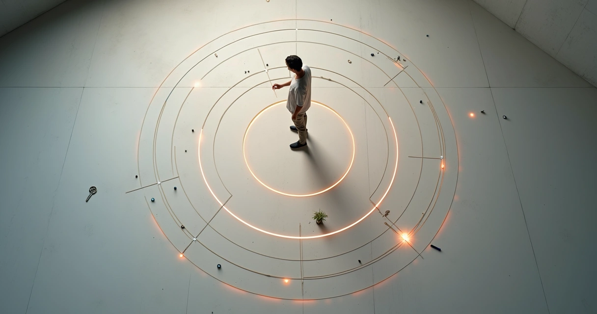 A person tracing glowing lines between concentric circles on a floor-sized diagram 