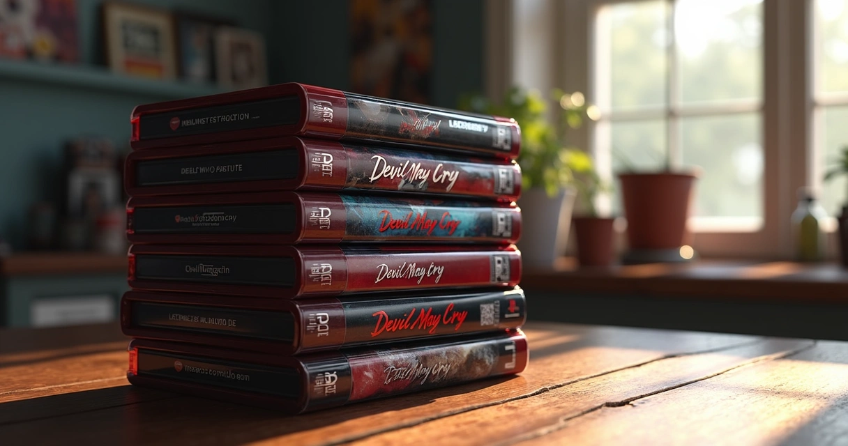 Coleção de jogos da franquia Devil May Cry empilhados em uma mesa 