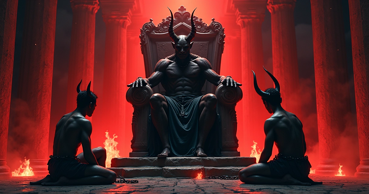 Devil tarot card with chains, fire, and two figures 