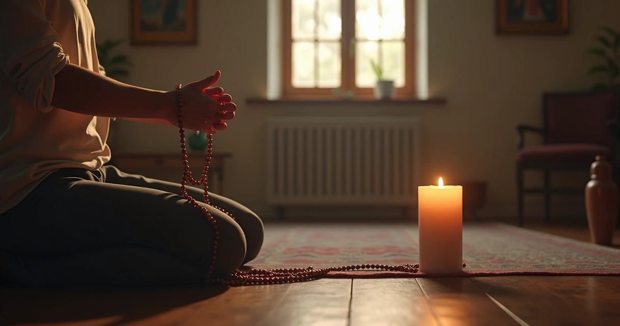 Pessoa orando com terço em mãos em ambiente doméstico simples, luz suave e vela acesa ao lado 