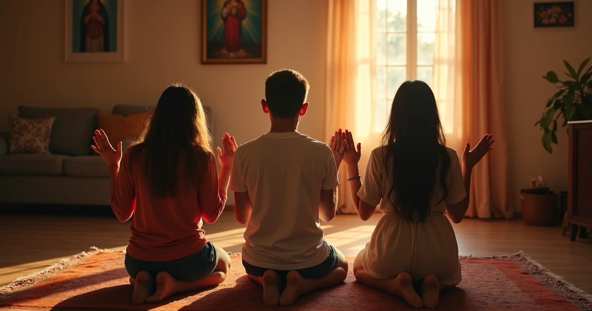 Família rezando ajoelhada com rosários 