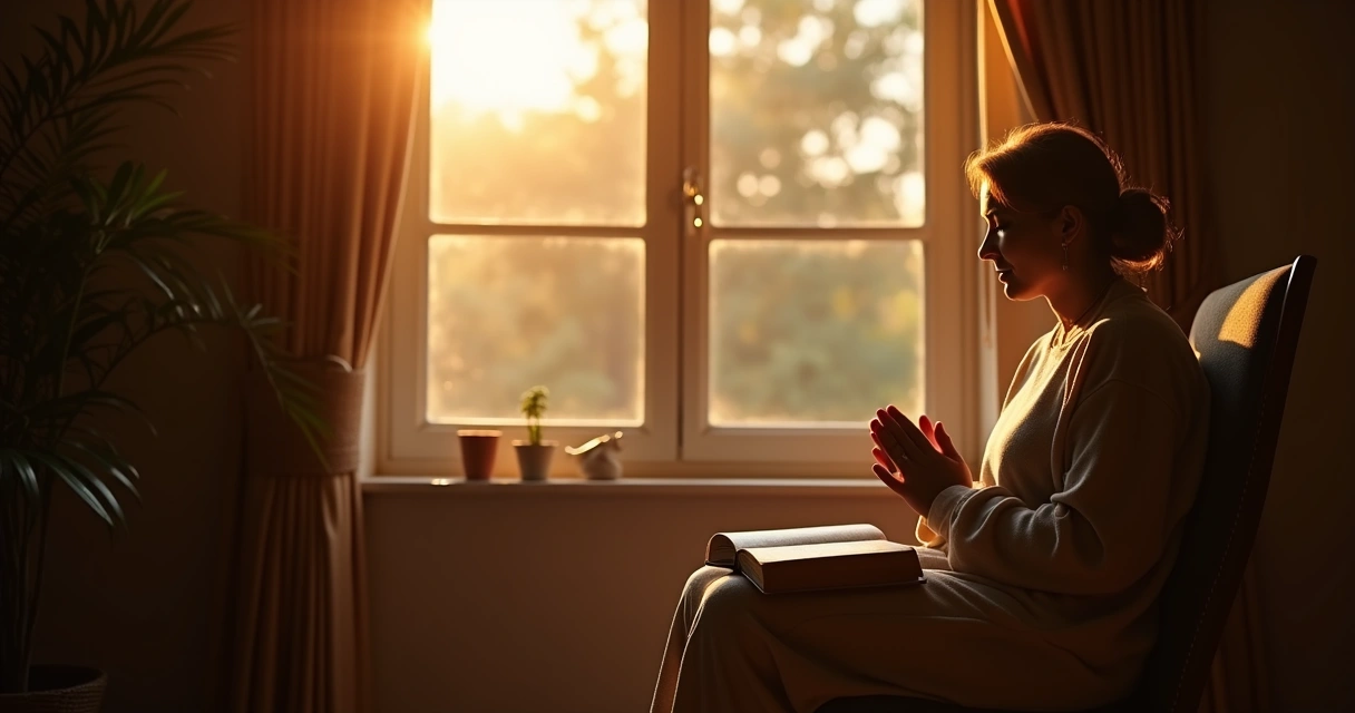 Pessoa de mãos postas diante da janela aberta ao nascer do sol 