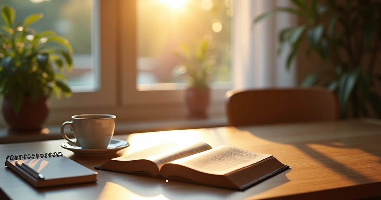 Mesa com bíblia aberta, café e caderno de anotações de manhã cedo 