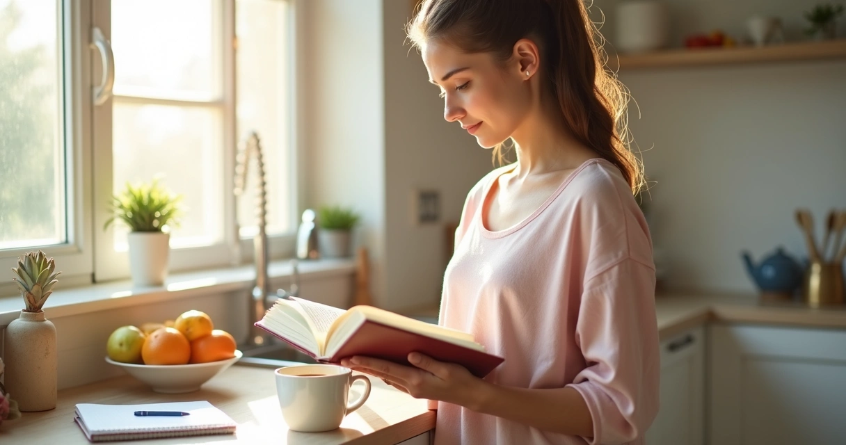 Mulher lendo devocional na cozinha de manhã
