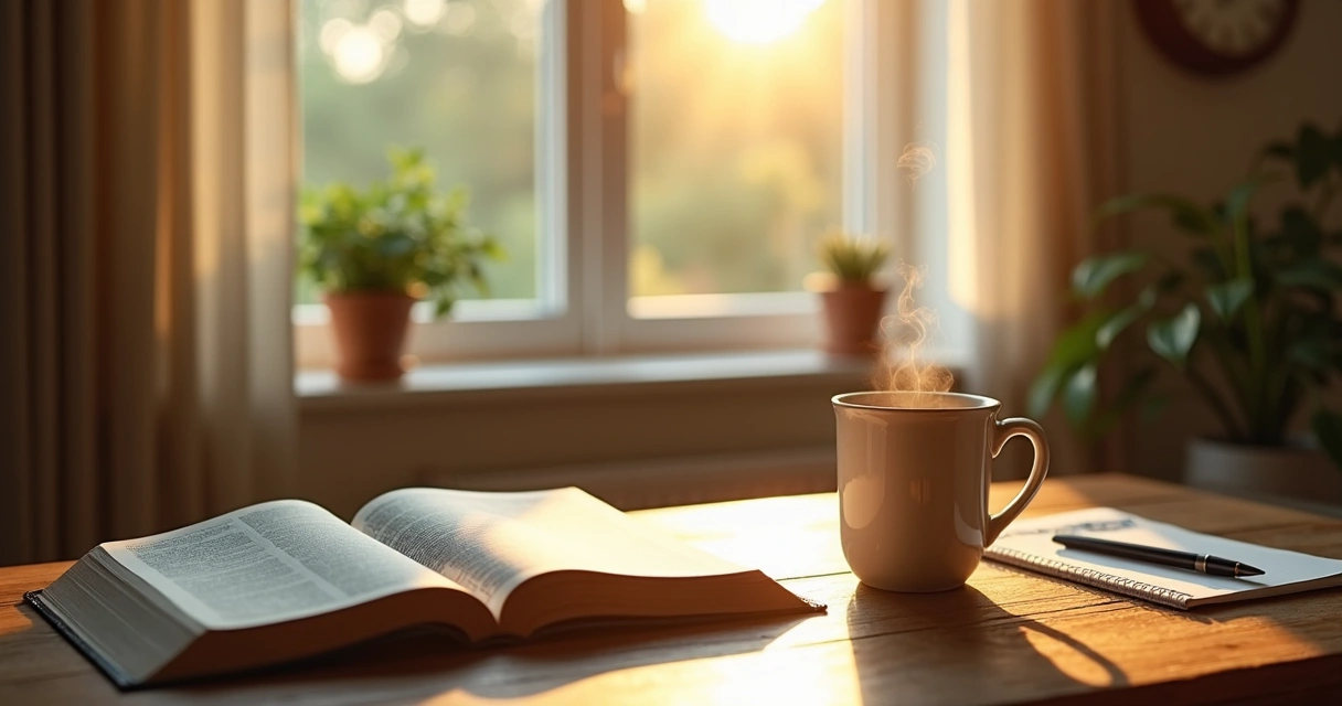 Bíblia aberta e um café em uma mesa ao nascer do sol 