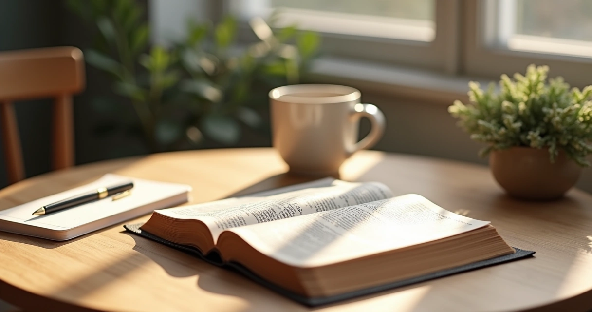 Bíblia aberta em uma mesa com xícara de café.