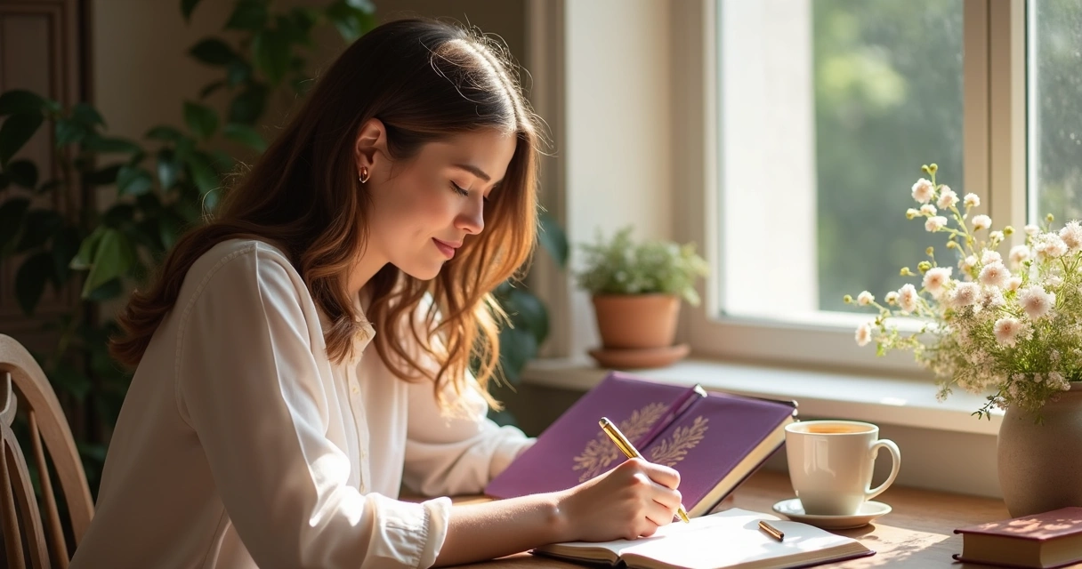 Mulher com bíblia e caderno devocional roxo e dourado 
