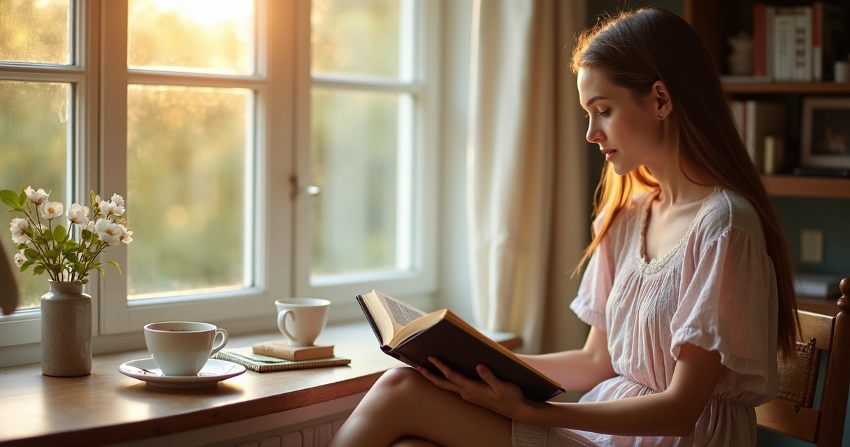 Mulher cristã lendo devocional sentado à luz do sol 