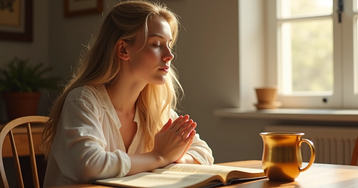 Mulher orando em ambiente calmo ao lado de livro e café 
