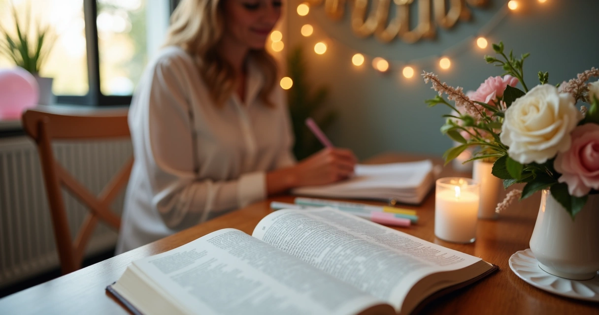 Mulher preparando devocional temático em mesa decorada para festa cristã 