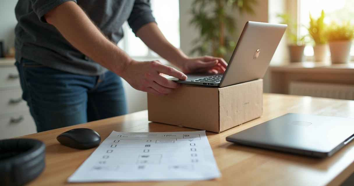 Empregado embala laptop e acessórios para devolução com checklist ao lado 