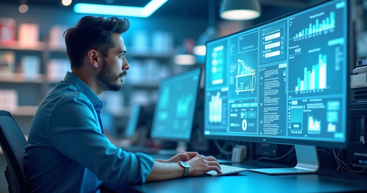 Lojista analisando painel de devoluções e trocas, sentado à mesa com computador 
