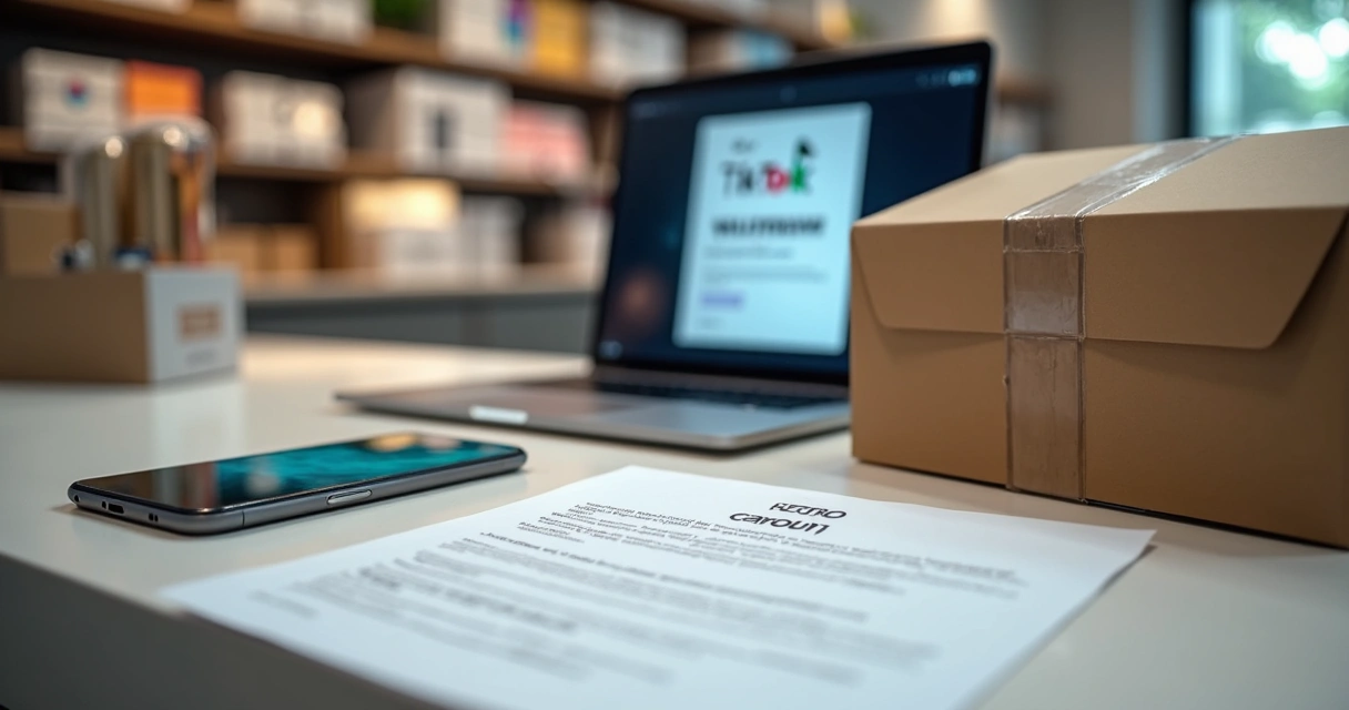 Devolução de produto sendo processada em loja com caixa aberta e formulário ao lado. 