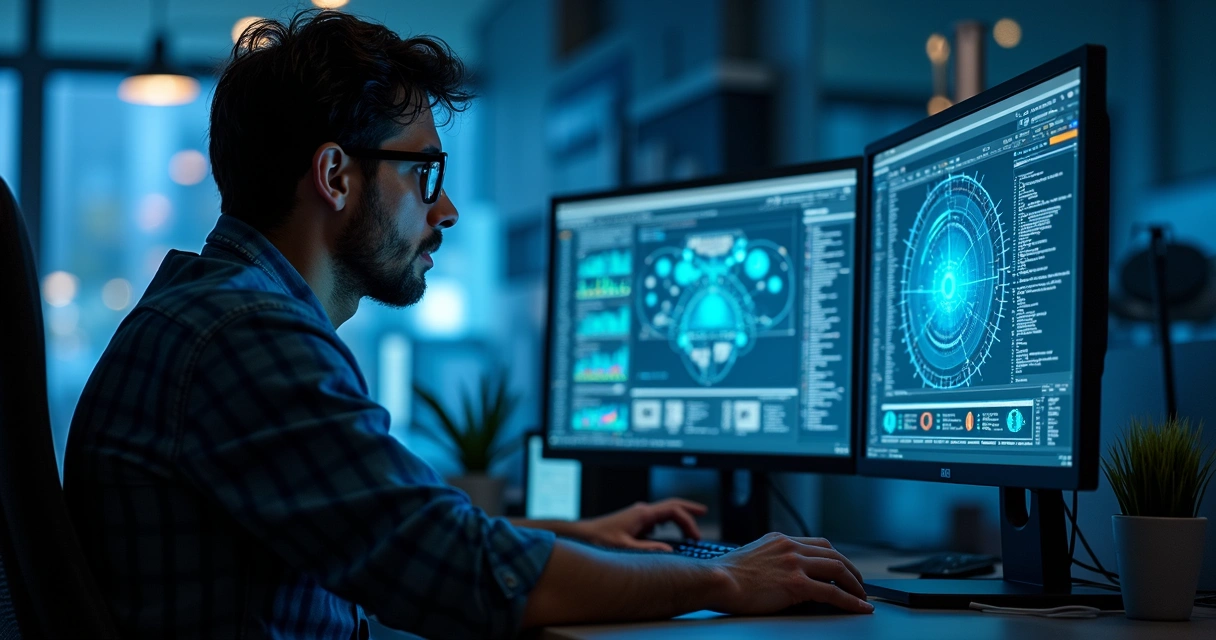 Profissional de tecnologia em um ambiente de nuvem, com ilustrações de containers e servidores 