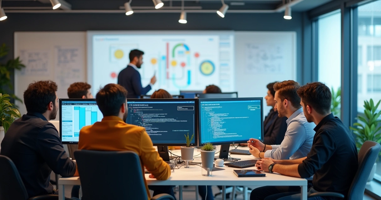 Equipes de desenvolvimento e operações trabalhando lado a lado em um ambiente de escritório moderno, com quadros brancos, computadores e gráficos em telas. 