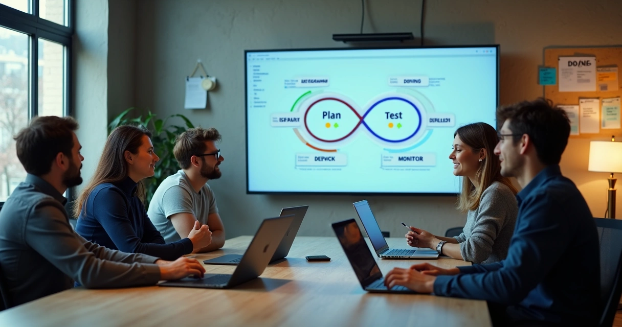 Equipe pequena de tecnologia colaborando em frente a painel com fluxo DevOps 