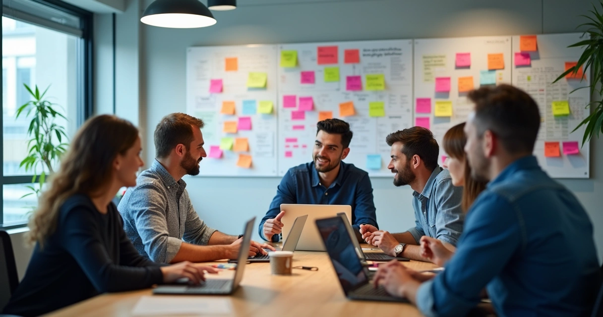 Development and operations team talking and collaborating around computers with sticky notes on the wall 