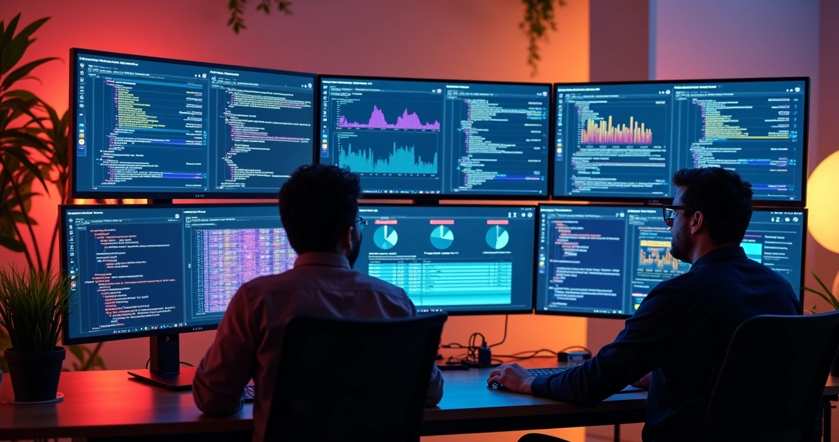 Equipe de tecnologia reunida em frente a vários monitores exibindo gráficos de testes automatizados em diferentes pipelines