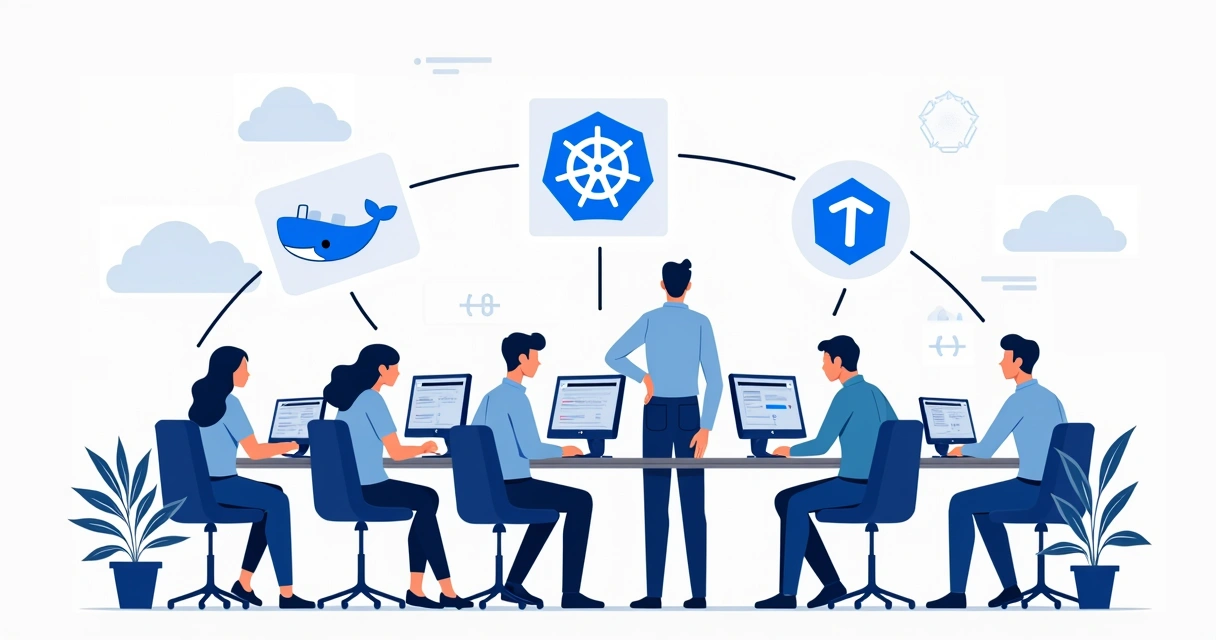DevOps workflow with people interacting, surrounded by Docker, Kubernetes, Jenkins, Terraform symbols 
