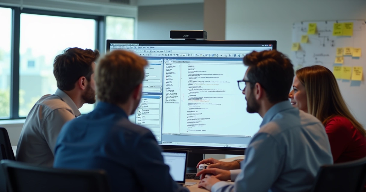 Equipe de desenvolvedores analisando Smartforms ABAP na tela 