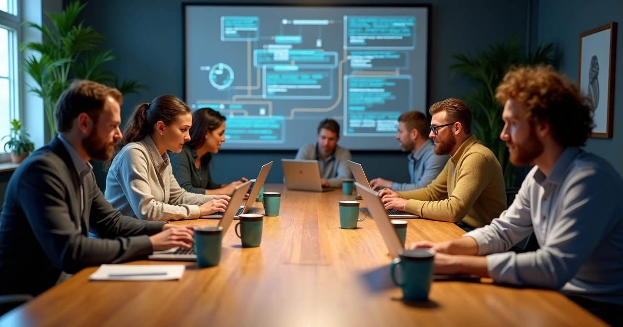 Profissionais de tecnologia trabalhando juntos em código aberto de automações 